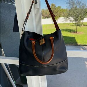 Dooney & Bourke Navy Leather Tote Bag with Brown Straps